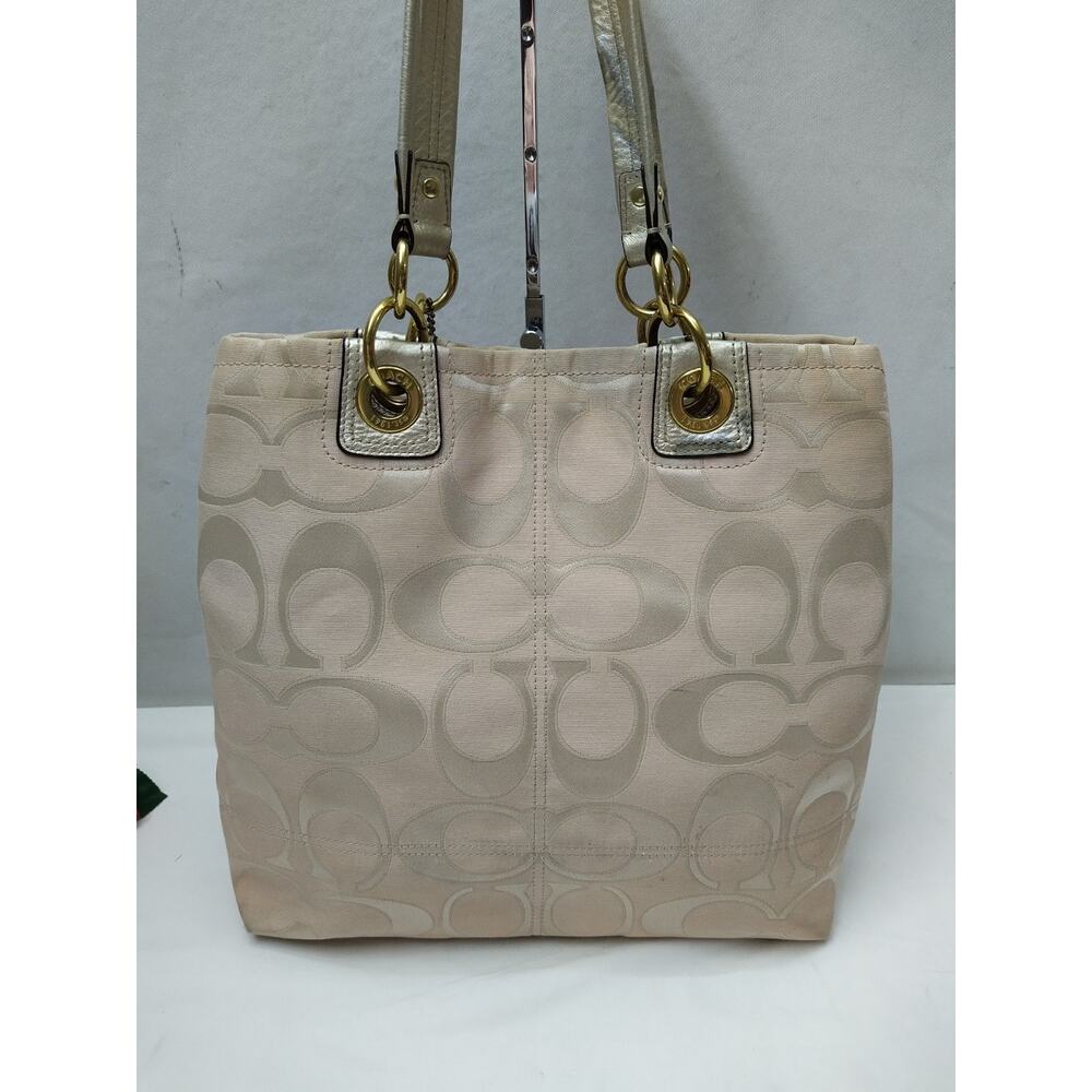 Coach Signature Beige Canvas Leather Trim Front Pocket Double Handles Tote Bag - Picture 2 of 16